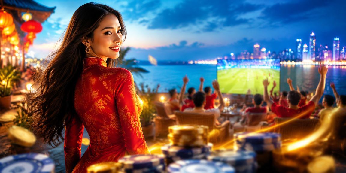 Phụ nữ Hà Nội mặc áo dài truyền thống bên cạnh bảng thưởng hoàn tiền cá cược