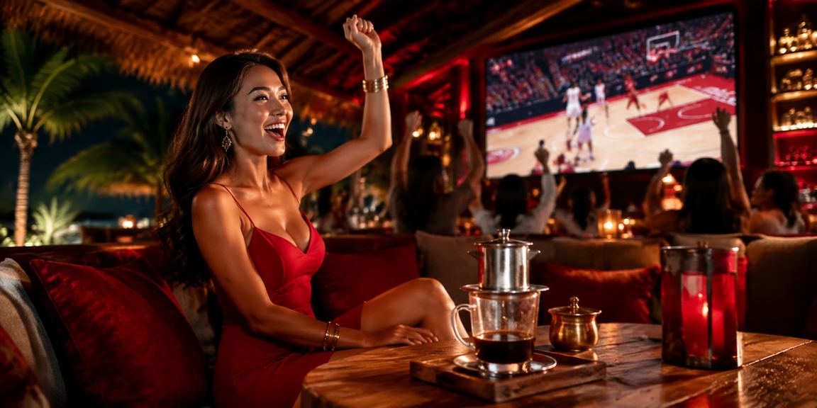 Người dùng tại Phú Quốc theo dõi cá cược bóng rổ trong không gian cà phê